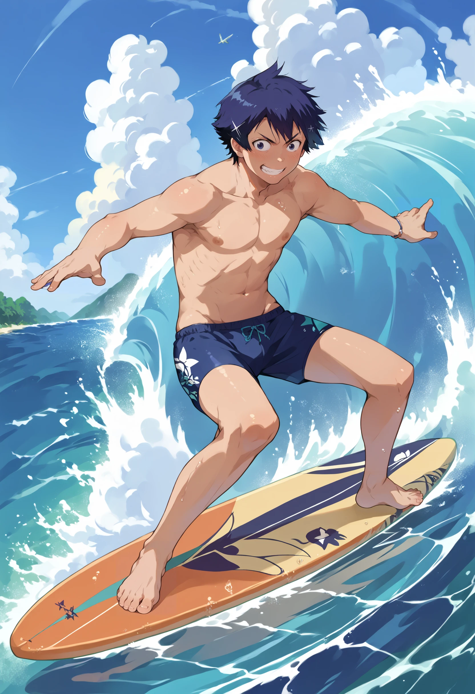 score_9, score_8_up, source_anime, incrssurfing, surfing, surfboard, swimsuit, barefoot ichijou raku, <lora:ichijou_raku_1-000009:.9>, hair ornament <lora:Surfing_XLPD:1> incrssurfing, surfing, surfboard, swimsuit, barefoot, male swimwear, grin,