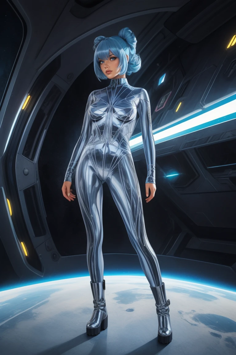 (pastel explosion), full body, adult woman, 38 year old female, medium breasts, wearing js_2, metallic chrome full bodysuit, boots, <lora:js_2-14:0.6>, year 1960, standing, cinematic, dramatic, 4k,blue wig,  updo, laser gun, HUD_B_Wg, <lora:HUD_B_Wg:0.4>, inside of a spaceship of slime creatures