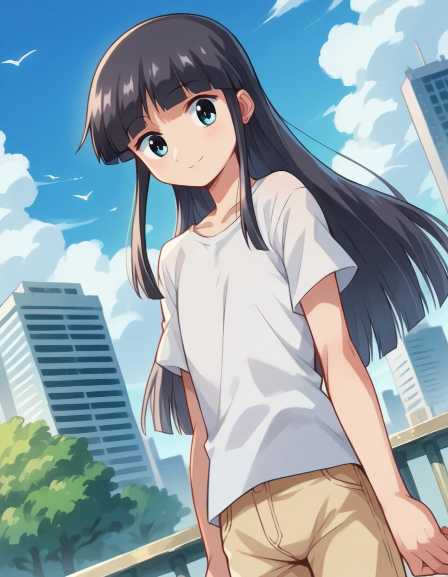 score_9, score_8_up, score_7_up, source_anime,
bokunococo, <lora:boku-no-coco-ponyxl-lora-nochekaiser:1>
coco, long hair, blue eyes, black hair, bangs, blunt bangs, sidelocks, smile,
shirt, white shirt, pants,
outdoors, cityscape,
looking at viewer, dutch angle, cowboy shot,