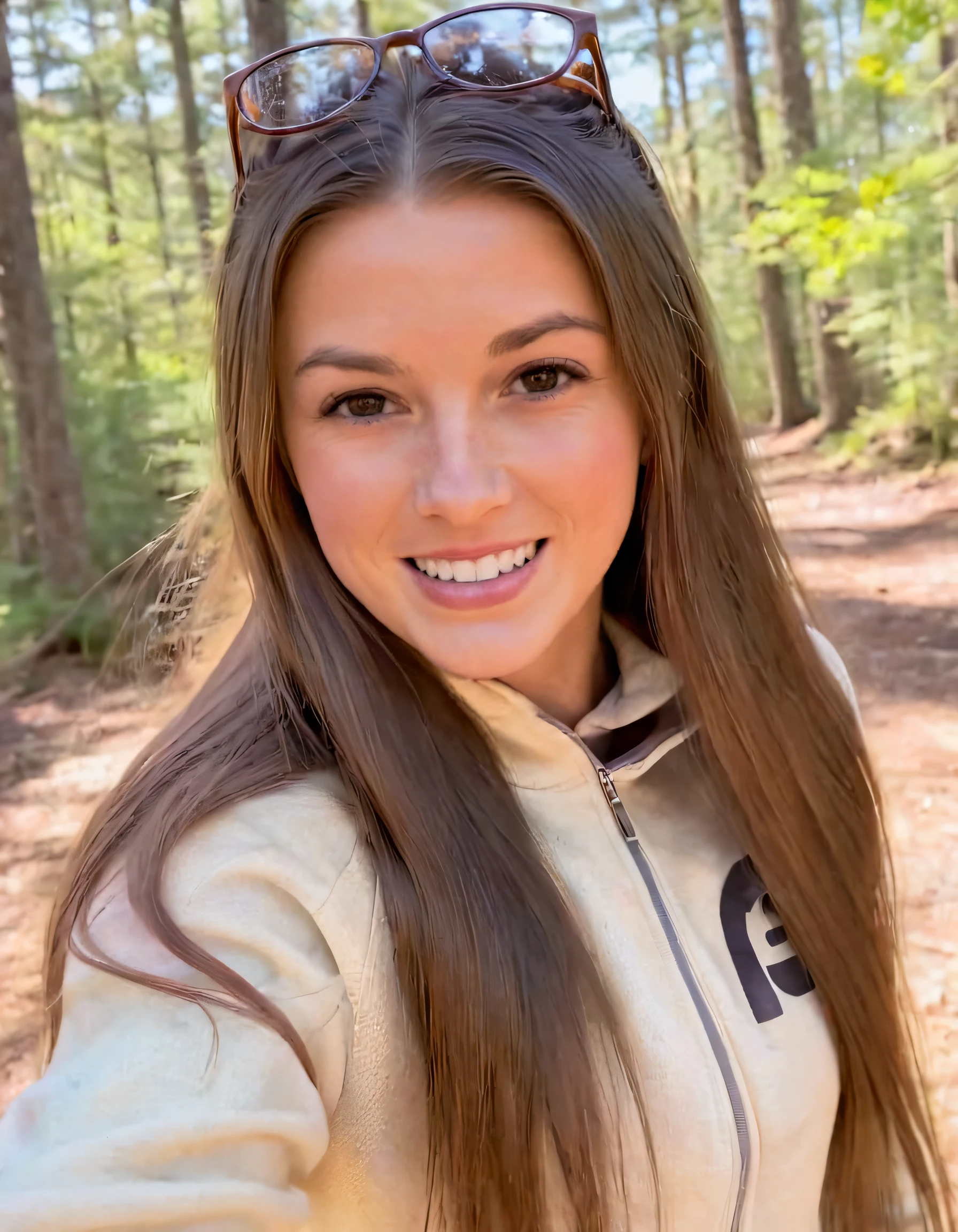 Hannah Barron, with her glowing brown eyes, long locks framing her face as she beamed with a charming grin, stood resplendently in a heartwarming scene clad in a comfortable outfit while posing gracefully amidst the wholesome environment, showcasing her mole under the mouth that added a touch of endearing charm to her serene beauty. <lora:kotnsm18e687acb5cu54e:1>
