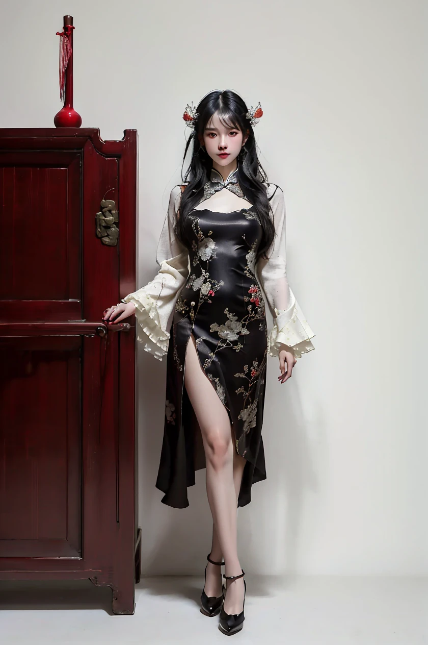 (masterpiece:1.2),best quality,Chinese style,<lora:detailed_eye-10>,
full body,standing,long hair,black hair,bangs,cyb dress,chinese clothes,long sleeves,capelet,frills,frilled dress,wide sleeves,shoes,
closed mouth,hair ornament,<lora:martial arts chivalry_20240326231459:0.8>,single simple background,