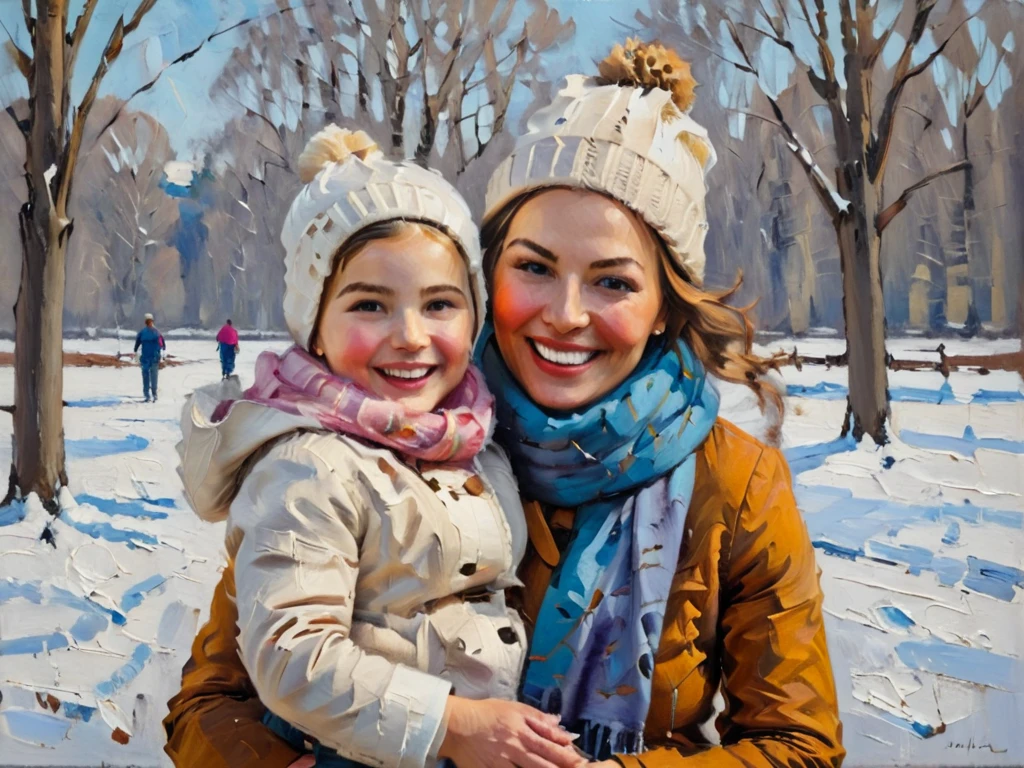 Impressionist painting impressionist art, acrylic oil painting, loose expressive brushwork, figurative art, abstract art, textured brush strokes, illustrative, expressive, rich textures and luminous effects, muted colors, opulent whites, multiple girls, mother and daughter, tree, snow, hat, brown hair, winter clothes, smile, scarf, winter, rule of thirds, dynamic lighting, complementary colors, shallow depth of field, painterly, artistic, hyper-realistic <lora:ArtLover_Acrylic_Gouache_v1-000009:0.7>, realistic . Loose brushwork, vibrant color, light and shadow play, captures feeling over form