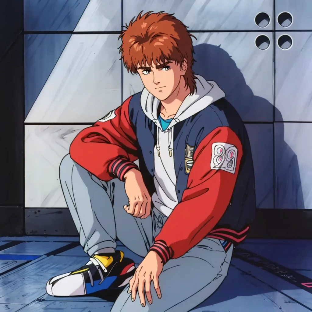 <lora:MZ2YahagiShogo001:0.7>,
solo,
MZ2YahagiShogo,1boy,1980s (style),
hoodie,jacket,pants,
full body,sitting,