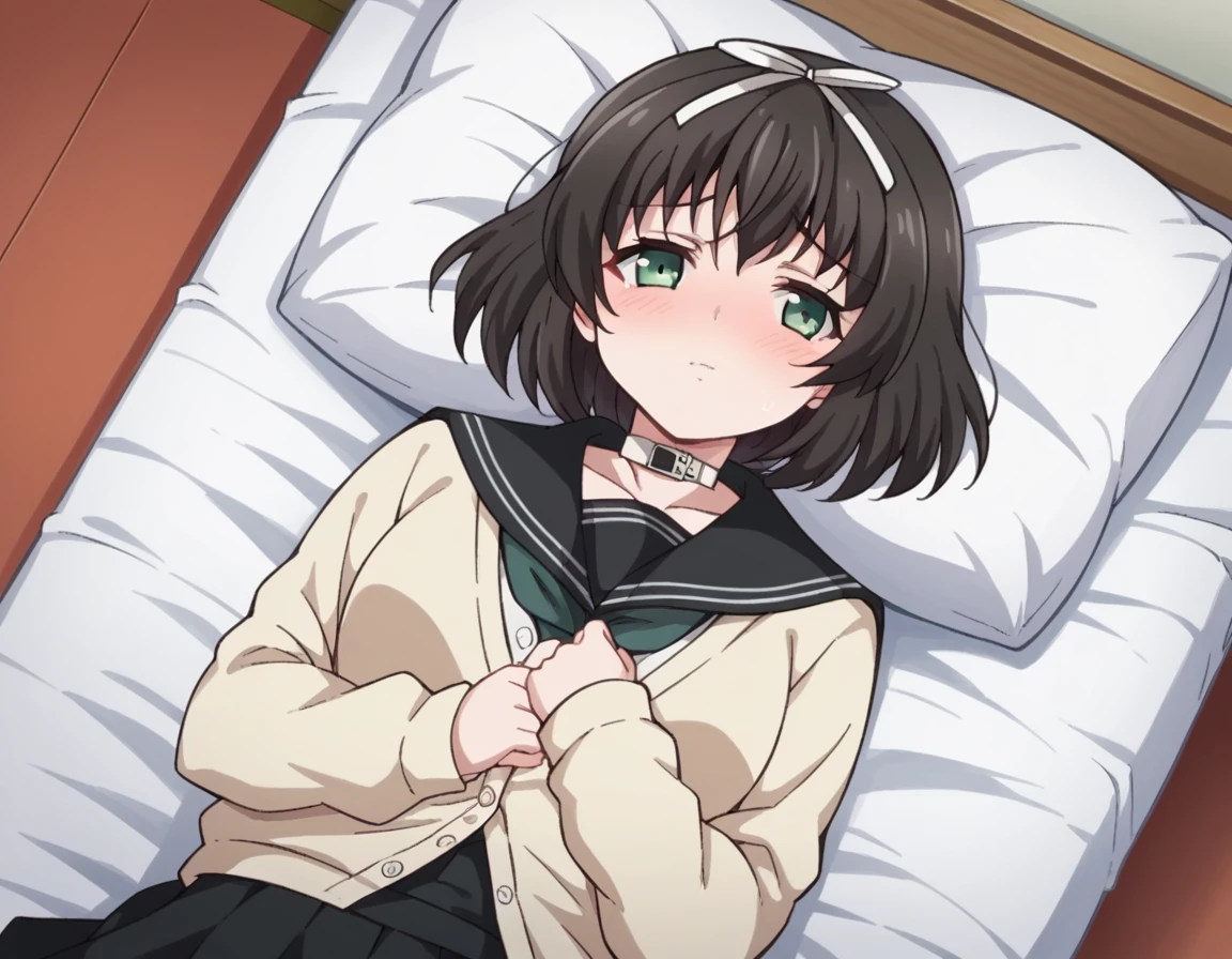 score_9, score_8_up, score_7_up, source_anime,
kanaehokari, <lora:kanae-hokari-ponyxl-lora-nochekaiser:1>
kanae hokari, short hair, black hair, ribbon, hair ribbon, green eyes,
skirt, school uniform, serafuku, collar, cardigan, black skirt, black sailor collar,
indoors, bed, bed room, on side, blush, drunk,
looking at viewer, dutch angle, cowboy shot,