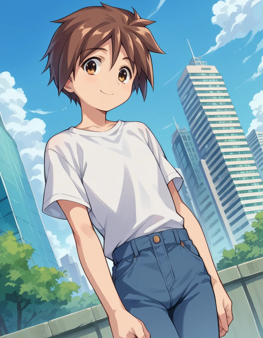 score_9, score_8_up, score_7_up, source_anime,
bokunochico, <lora:boku-no-chico-ponyxl-lora-nochekaiser:1>
chico, short hair, brown hair, brown eyes, smile,
shirt, white shirt, pants,
outdoors, cityscape,
looking at viewer, dutch angle, cowboy shot,