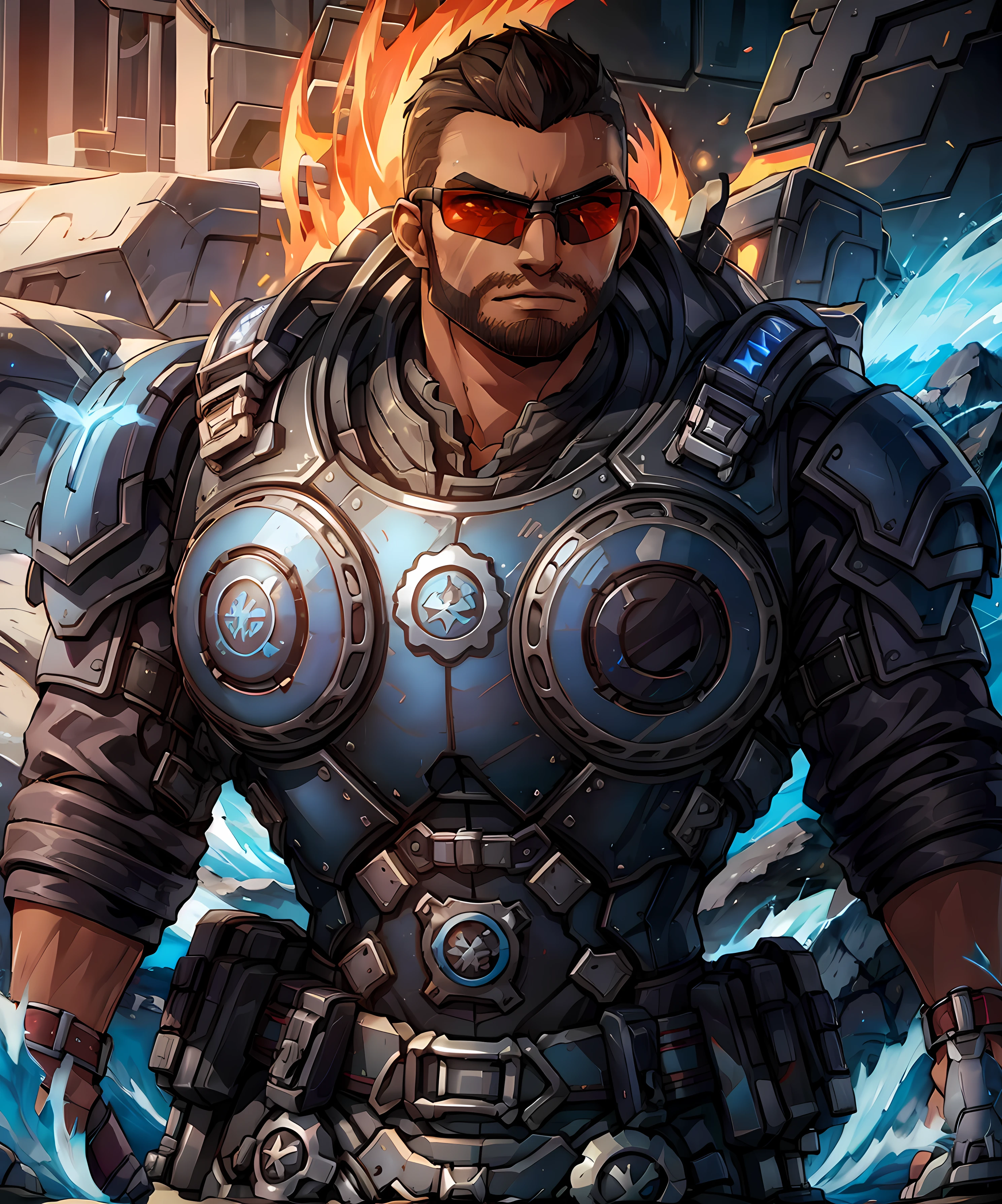 fahz_chutani, armor, muscular, looking at viewer, standing, sunglasses, dark skin, fire, lava, mountain, dramatic <lora:Fahz_Chutani:0.85>