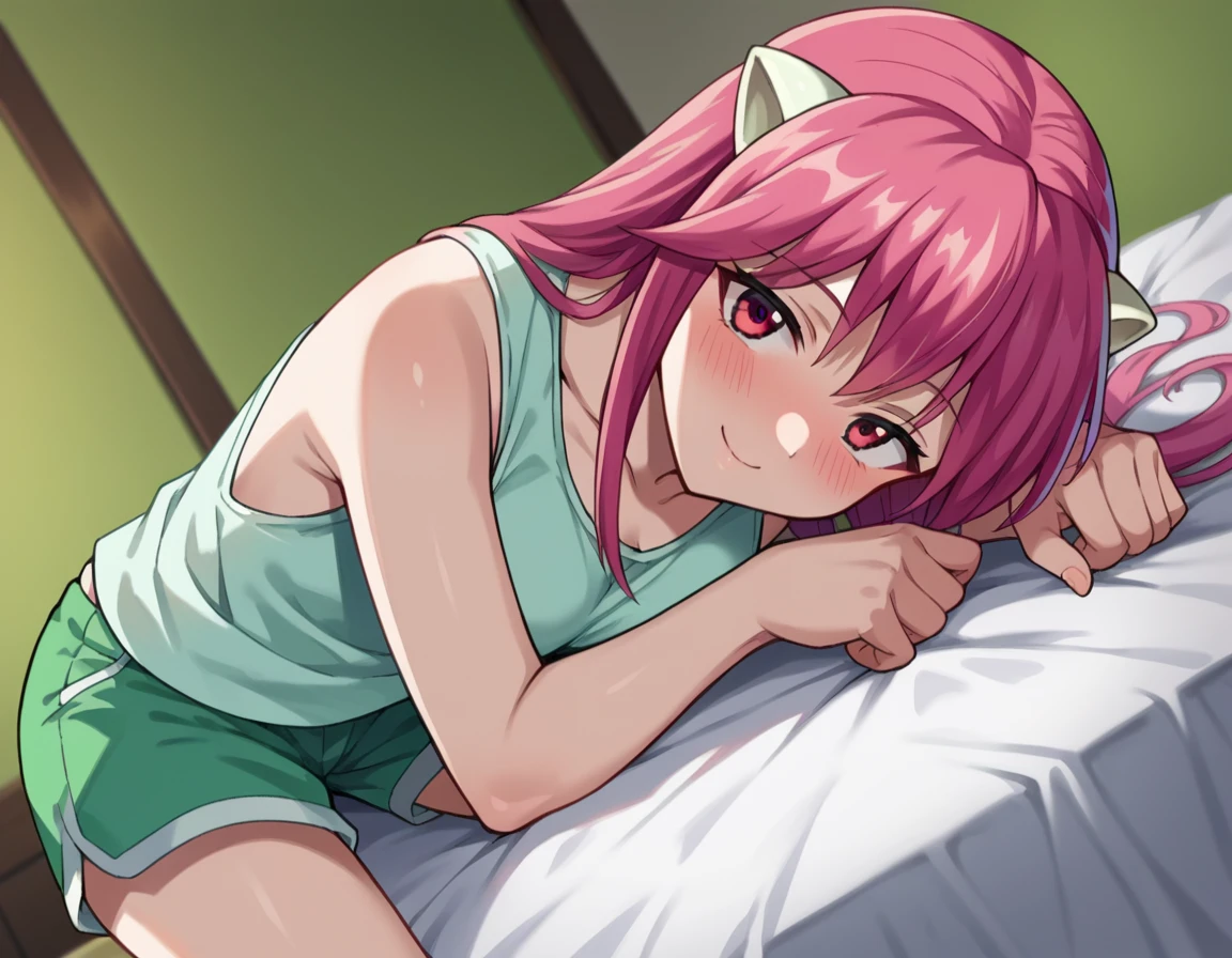 score_9, score_8_up, score_7_up, source_anime,
elfenliedlucy, <lora:elfen-lied-lucy-ponyxl-lora-nochekaiser:1>
lucy, long hair, pink hair, horns, pink eyes, smile,
shorts, tank top, green shorts, white tank top,
indoors, bed, bed room, on side, blush, drunk,
looking at viewer, dutch angle, cowboy shot,
