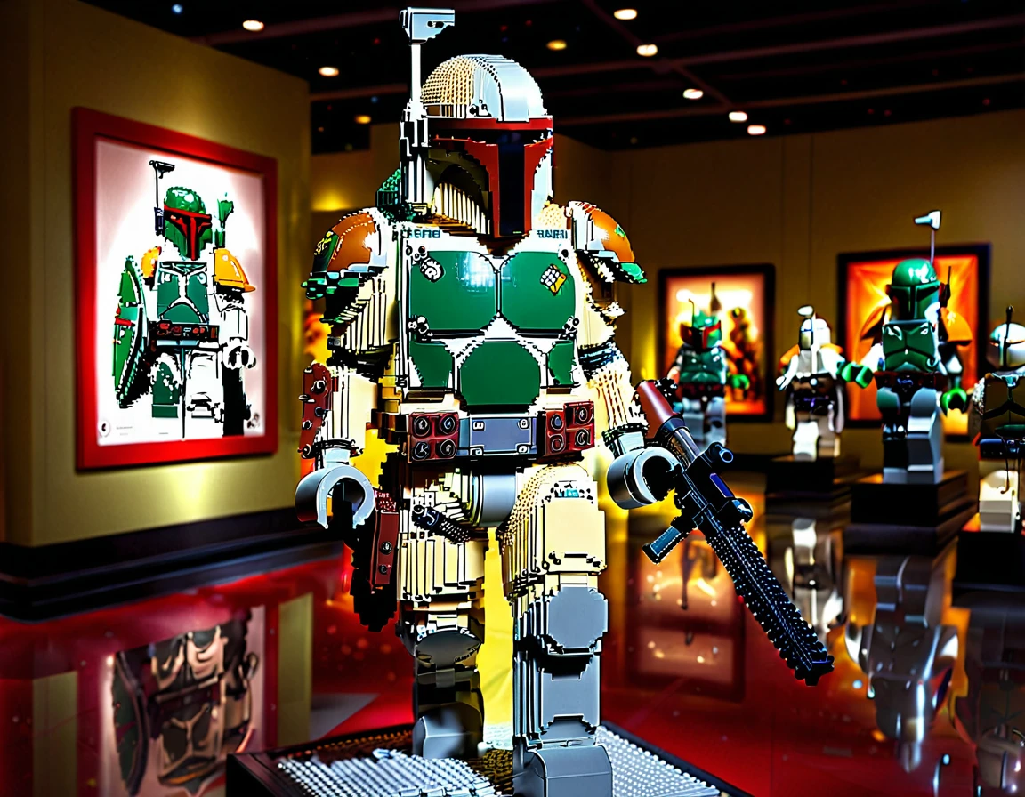 LegoRay, full size lego statue of Boba Fett, background in a museum