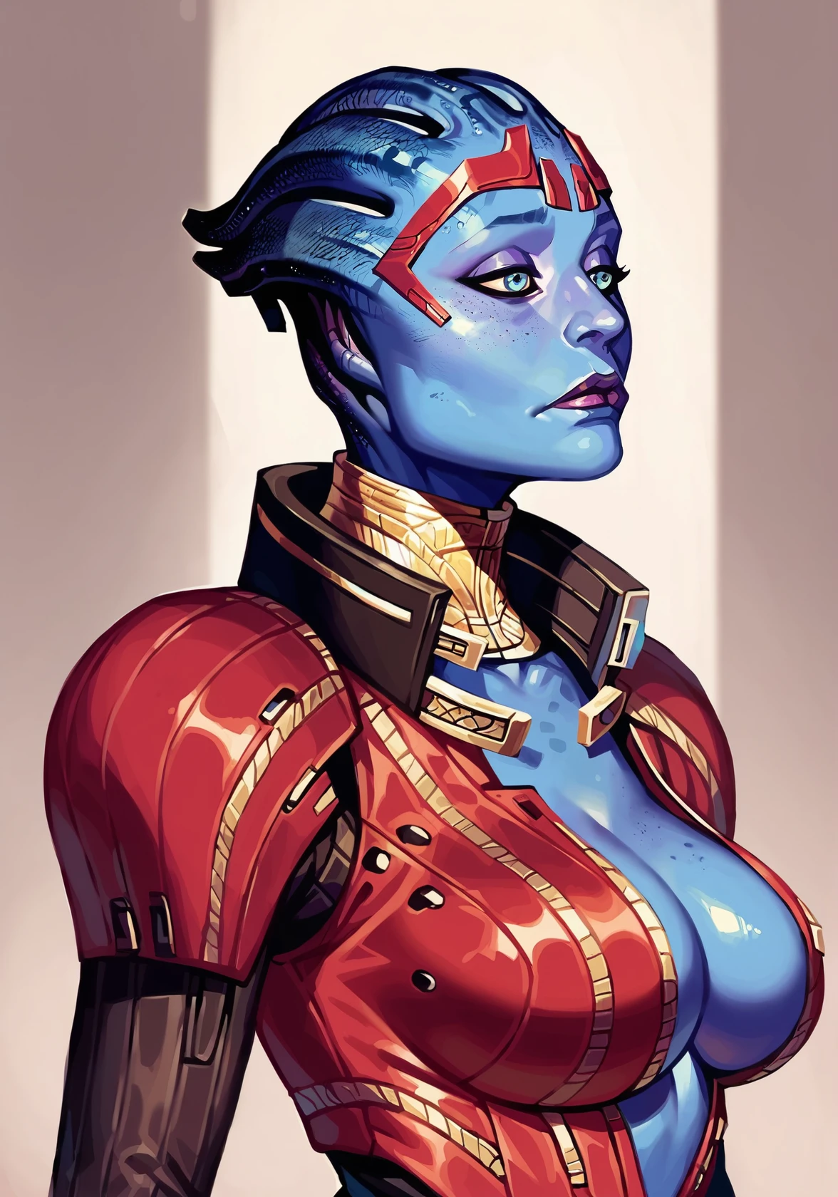 score_9, score_8_up, score_7_up,score_9, score_8_up, score_7_up, source_cartoon,8mm lens,<lora:RealStyle__Pony_XL:0.5>, <lora:SamaraPDXL:0.7> ,1girl, alien, light-blue eyes, red suit, golden collar, red tiara, without ears, samara1, without eyebrows,alien, blue skin, <lora:thepit-guy-PONYv1:0.8>, neutral palette,illustration, cartoon, soothing tones, low saturation