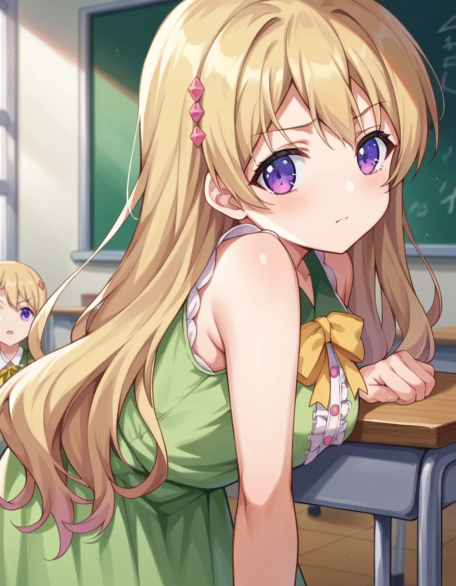 score_9, score_8_up, score_7_up, source_anime,
momokafujiwara, <lora:momoka-fujiwara-ponyxl-lora-nochekaiser:1>
momoka fujiwara, long hair, blonde hair, hair ornament, purple eyes,
dress, green dress, frills, sleeveless, ribbon, yellow ribbon, skirt,
indoors, classroom, bent over,
looking at viewer, dutch angle, cowboy shot,