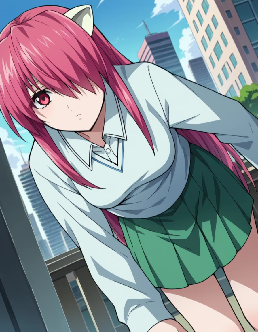 score_9, score_8_up, score_7_up, source_anime,
elfenliedlucy, <lora:elfen-lied-lucy-ponyxl-lora-nochekaiser:1>
lucy, long hair, pink hair, horns, pink eyes, hair over one eye,
long sleeves, sweater, skirt, green skirt, pleated skirt, shirt, white shirt, collared shirt, frills,
outdoors, cityscape, bent over,
looking at viewer, dutch angle, cowboy shot,