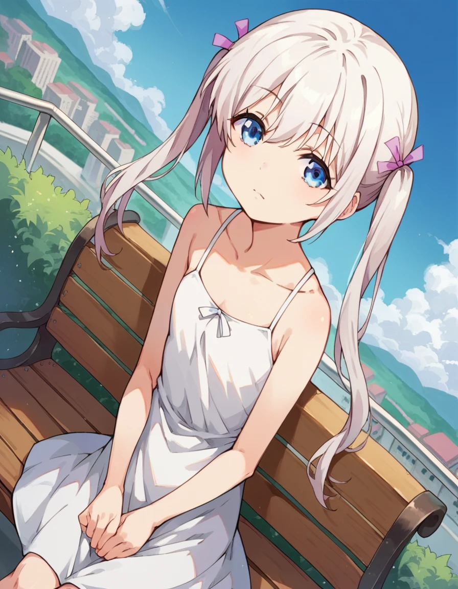 score_9, score_8_up, score_7_up, source_anime,
komakosemenovich, <lora:komako-semenovich-ponyxl-lora-nochekaiser:1>
komako semenovich, blue eyes, ribbon, twintails, hair ribbon, white hair,
dress, white dress,
outdoors, cityscape, sitting, bench,
looking at viewer, dutch angle, cowboy shot,