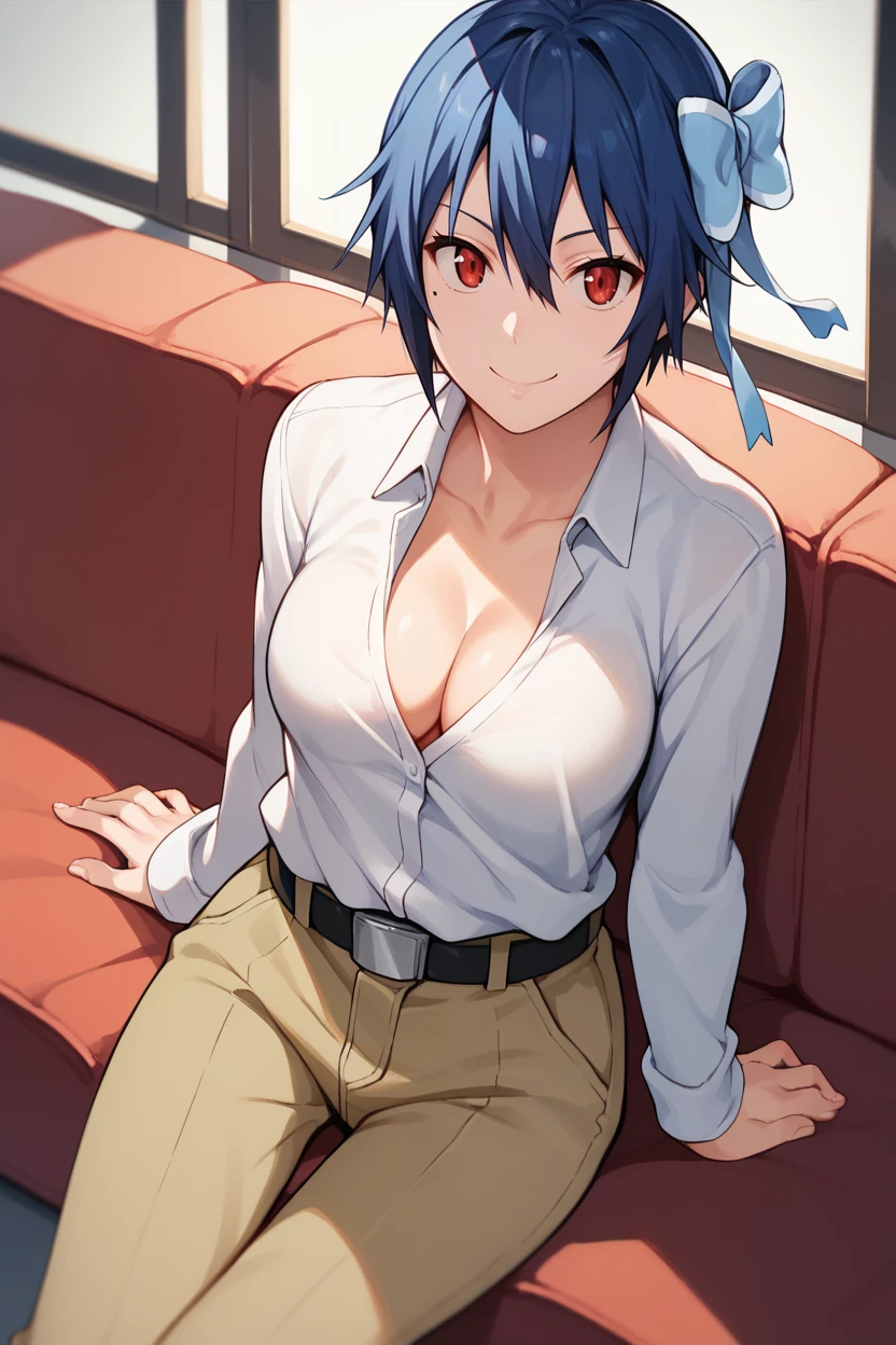 score_9, score_8_up, score_7_up, score_6_up, 1girl, solo BREAK <lora:tsugumi-pdxl-nvwls-v1-000006:1> tsugumi seishirou, mole under eye, blue hair, short hair, hair bow, white shirt, collared shirt, belt, brown pants, medium breasts, cleavage, sitting, couch, smile, looking at you, shirt pull, open shirt