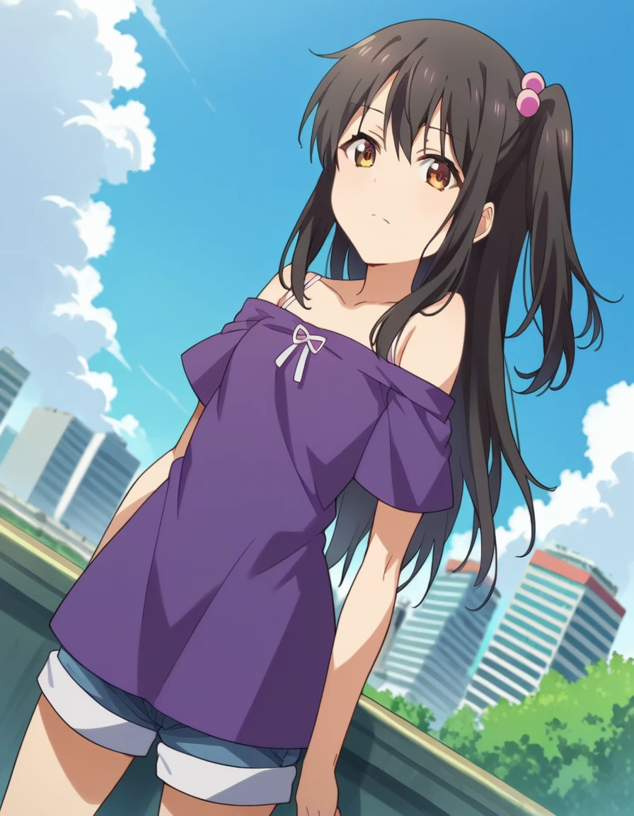 ((masterpiece,High resolution,Highest quality,8k)) Mikan Yuuki, BREAK, female, brown hair in a scrunchie, amber eyes, BREAK, Small breasts, slender, bare collarbone BREAK: (pure white sleeveless summer dress), (bare arms), (bare shoulders), BREAK: posing haughtily, condescending look