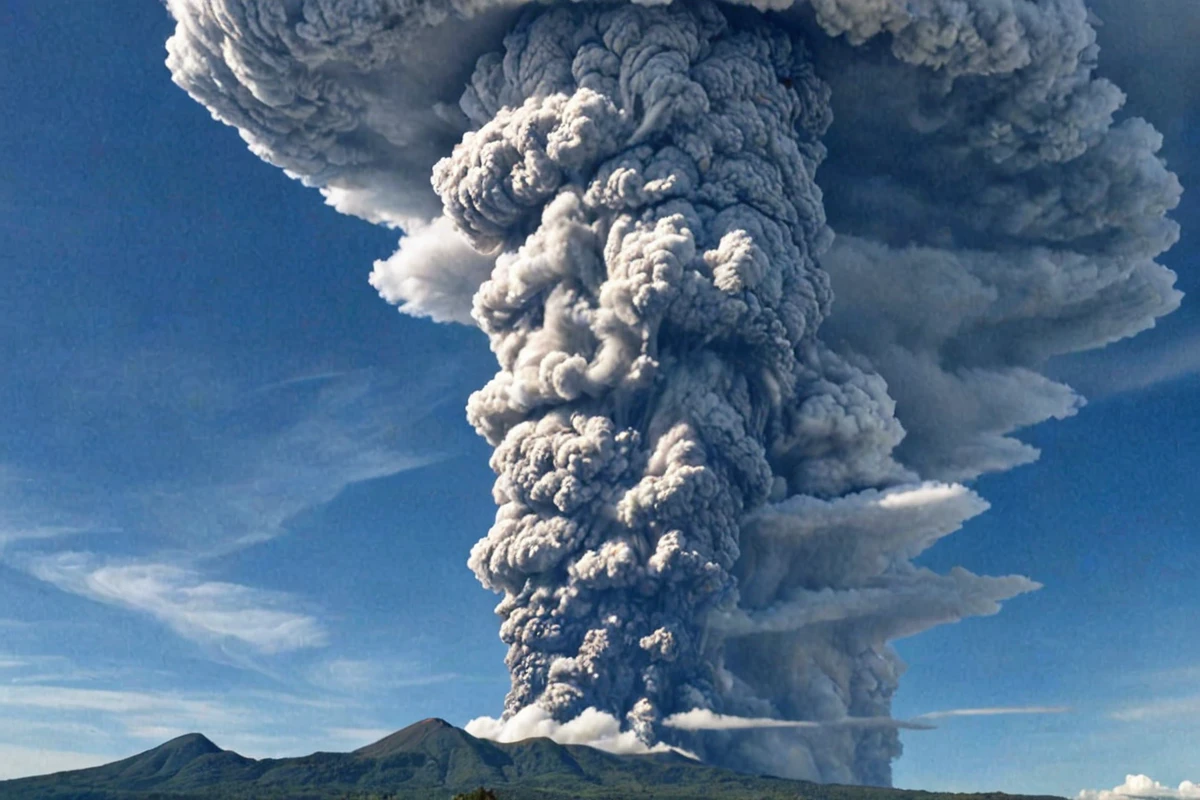 a volcano is having a large plinian eruption at the top of a distant mountain, ash clouds, dark clouds, white clouds, a mushroom cloud, scenery, blue sky with thin white clouds, daylight <lora:plinianxl_v3_C3Lier:1>