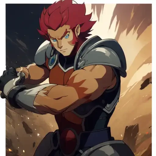 Thundercats, lion o, lion-o, best quality image, cat man, fantasy, red hair, face markings, Thundercats 2011, light armor, claws on hands, lion fur, sci-fi, tan skin, tan fur, sword, blue eyes, cat pupils, 