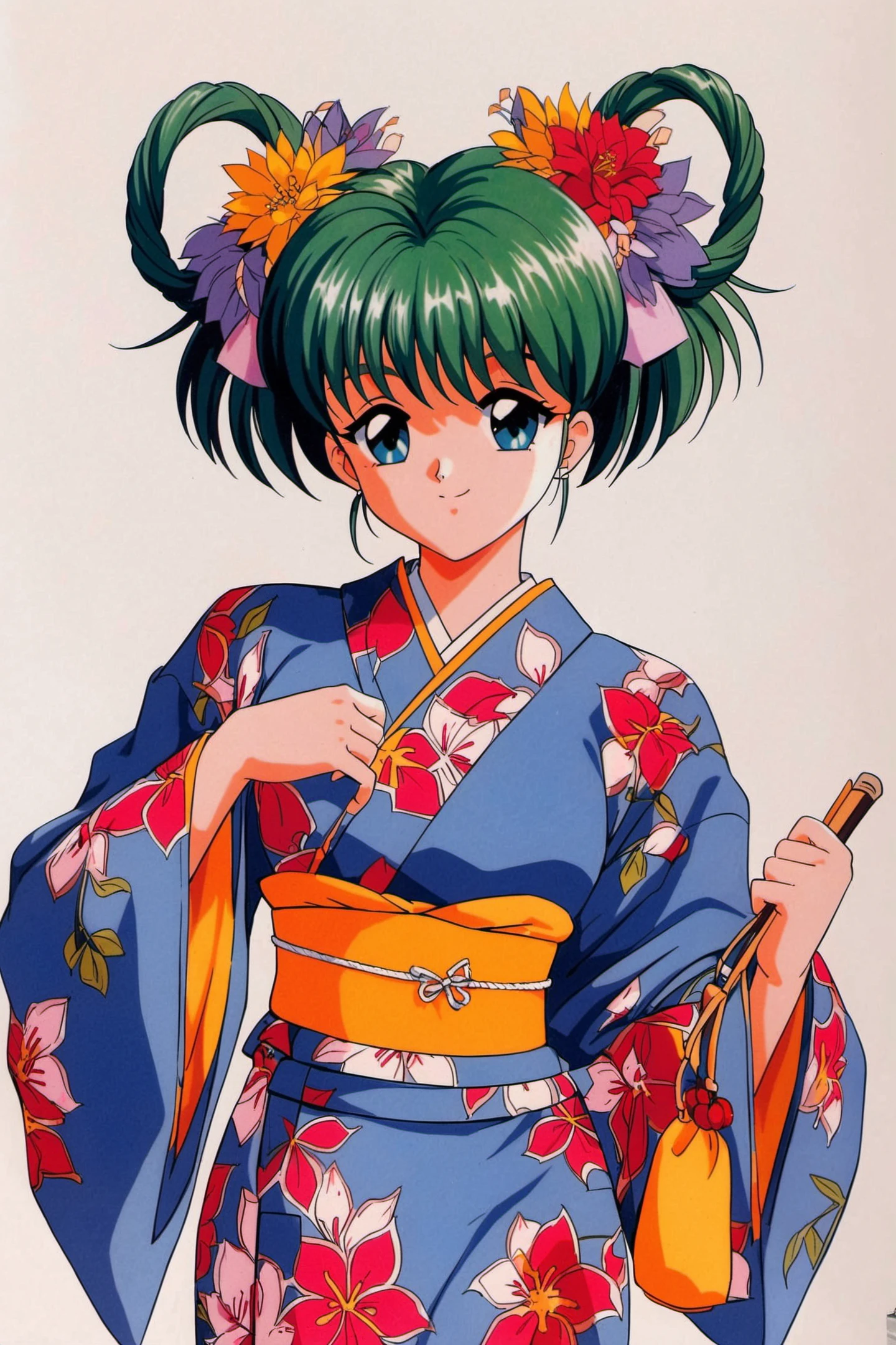 Tatebayashi Miharu,1girl,solo,japanese clothes,kimono,simple background,white background,retro artstyle,green hair,flower,floral print,hair ornament,blue kimono,long sleeves,mask,holding,hair flower,hair rings,1990s (style),aqua eyes,sash,smile,obi,short hair,looking at viewer,bag,wide sleeves,traditional media,<lora:Tokimeki Memorial_XL:0.8>,
