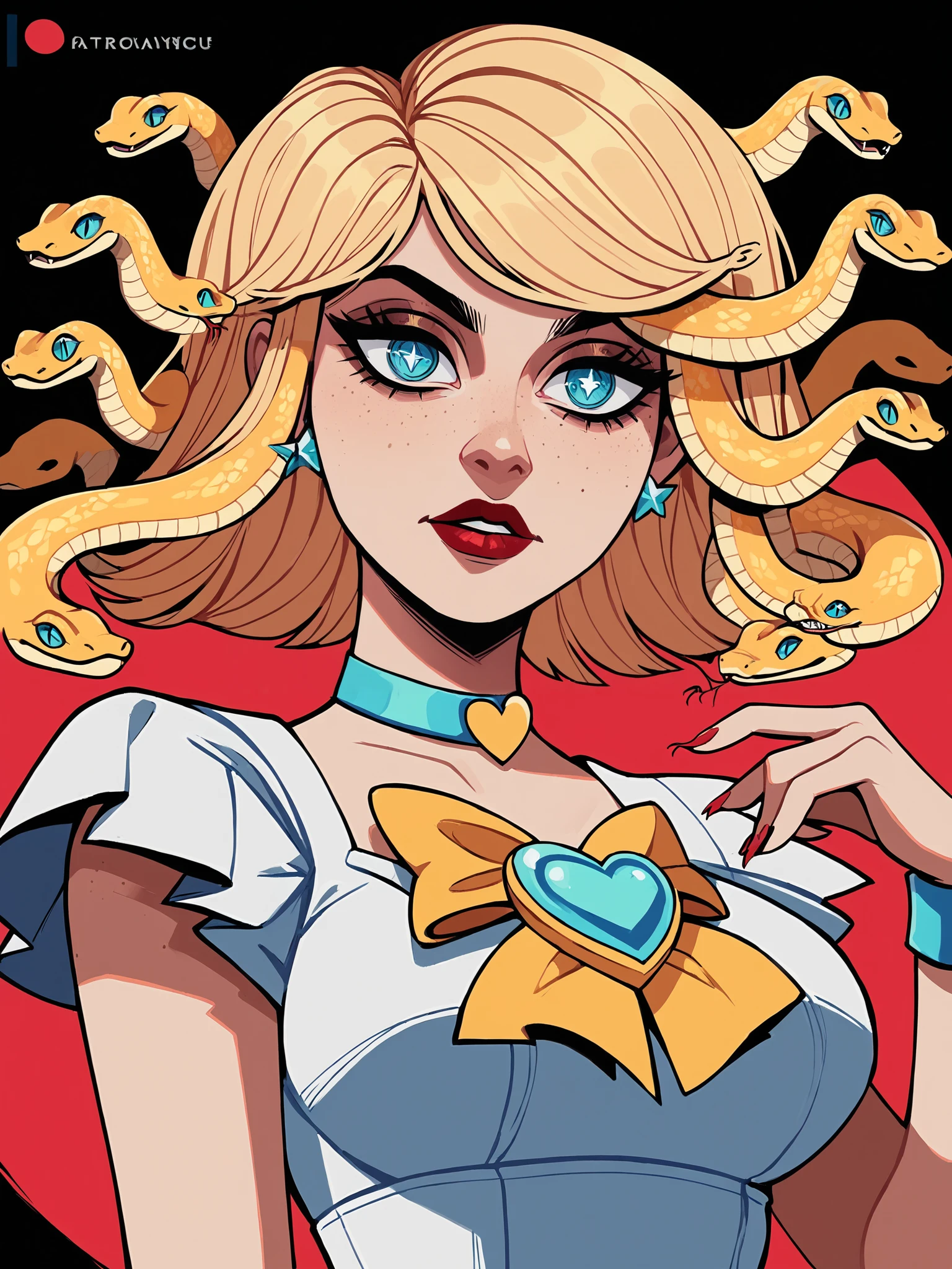 score_9, score_8_up, score_7_up, score_6_up, score_5_up, score_4_up,
BREAK
1girl, snake hair, blonde hair, bob cut, pruple eyes,
BREAK
solo, large breasts, magical girl,
BREAK
black background, simple background, <lora:Lunas-Snake-Hair-SDXL-A1:1>