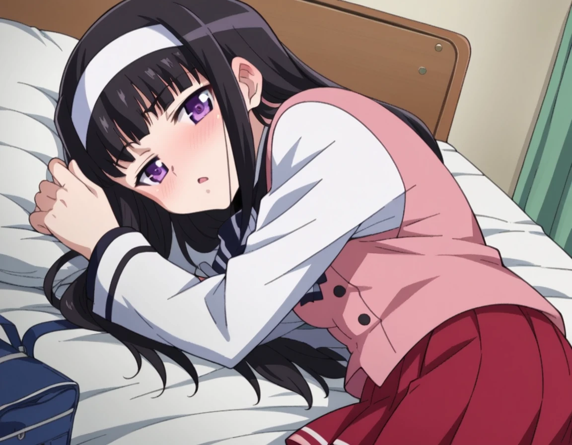 score_9, score_8_up, score_7_up, source_anime,
tookayatogami, <lora:tooka-yatogami-s4s5-ponyxl-lora-nochekaiser:1>,
tooka yatogami, hair ribbon, purple eyes, purple hair, long hair, ribbon,
raizen high school uniform, school uniform, blazer, black blazer, skirt, blue skirt,
indoors, bed, bed room, on side, blush, drunk,
looking at viewer, solo, cowboy shot, dutch angle,