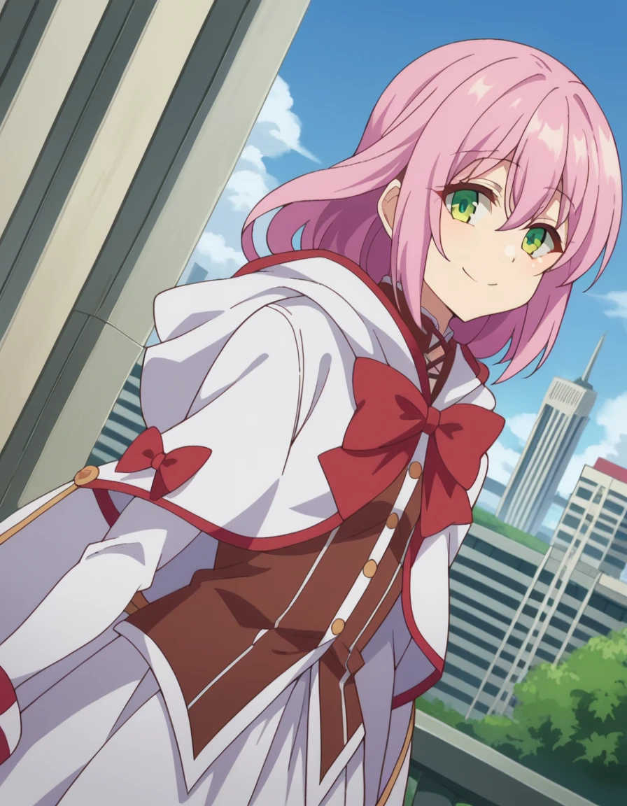 score_9, score_8_up, score_7_up, source_anime,
nornclatalissajioral, <lora:norn-clatalissa-jioral-ponyxl-lora-nochekaiser:1>
norn clatalissa jioral, long hair, hair between eyes, green eyes, pink hair,
long sleeves, dress, bow, red bow, hood, robe, white robe,
outdoors, cityscape, bent over, smile,
looking at viewer, dutch angle, cowboy shot,