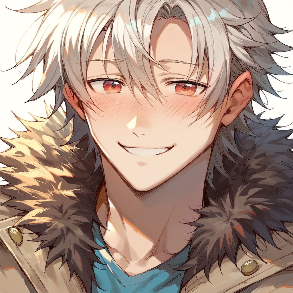 score_9, score_8_up, score_7_up, van jack walker, 1boy, cute, adorable, solo, white hair, red eyes, hair between eyes, beige coat, black fur trim, blue inner shirt, close-up, smile, blush