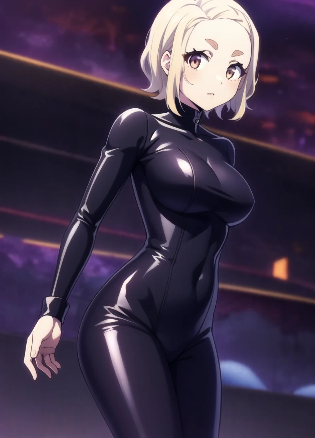 masterpiece, best quality, highres, 1girl, looking at viewer, short hair, brown eyes, blonde hair, thick eyebrows, forehead, <lora:Ginna Bizen anything45pruned40r50r60r-000006:0.7>, gray background, medium breast, latex suit, black latex suit