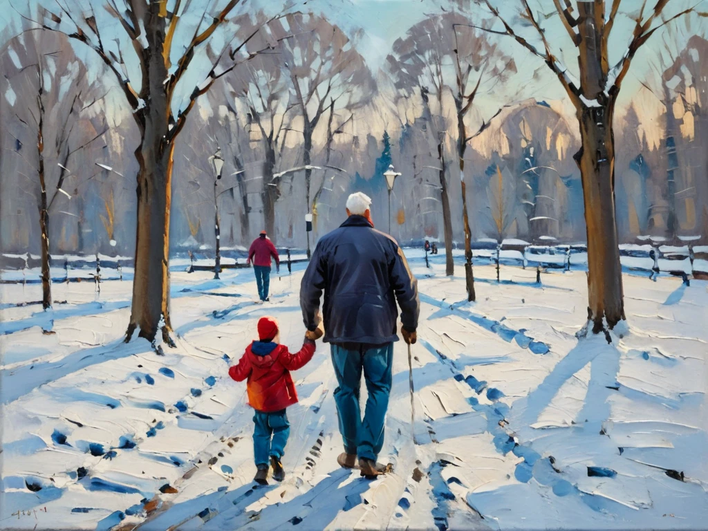 Impressionist painting impressionist art, acrylic oil painting, loose expressive brushwork, figurative art, abstract art, textured brush strokes, illustrative, expressive, rich textures and luminous effects, muted colors, opulent whites, a happy father with his son walk through the park in the snowy winter weather, rule of thirds, dynamic lighting, complementary colors, shallow depth of field, painterly, artistic, hyper-realistic <lora:ArtLover_Acrylic_Gouache_v1-000009:0.7>, realistic . Loose brushwork, vibrant color, light and shadow play, captures feeling over form