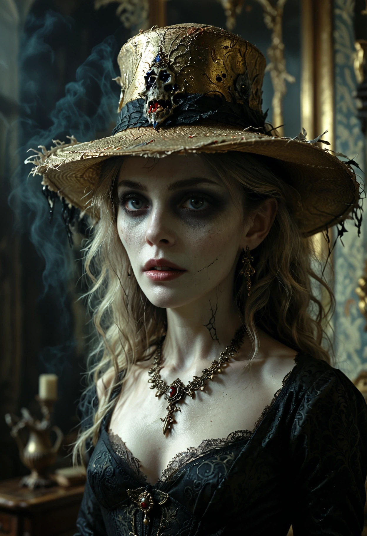 cinematic film still horror-themed Highres, award winning, good-looking, gilded technique, Emotionally Charged 2000'S a ghoul lord in an english manor of Embellishment, wearing Panama hat, her hair is Digital Age, highly detailed, Emotional Ghoul Lord in English Manor - High Resolution, Award Winning, Gilded Technique. A 2000'S Gothic Masterpiece.  . eerie, unsettling, dark, spooky, suspenseful, grim, highly detailed . shallow depth of field, vignette, highly detailed, high budget, bokeh, cinemascope, moody, epic, gorgeous, film grain, grainy