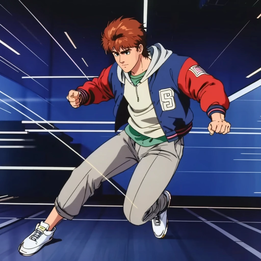 <lora:MZ2YahagiShogo001:0.7>,
solo,
MZ2YahagiShogo,1boy,1980s (style),
hoodie,jacket,pants,
full body,running,motion lines,motion_blur,speed_lines,