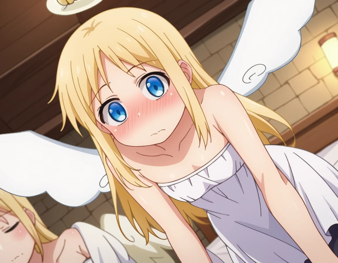 score_9, score_8_up, score_7_up, source_anime,
crimvael, <lora:crimvael-ponyxl-lora-nochekaiser:1>
crimvael, long hair, blue eyes, blonde hair,
dress, bare shoulders, collarbone, wings, white dress, strapless, halo, strapless dress, angel wings, white wings, angel,
indoors, bed, bed room, on side, blush, drunk,
looking at viewer, dutch angle, cowboy shot,