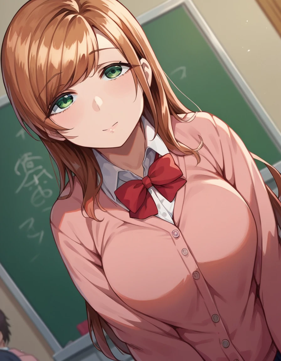 score_9, score_8_up, score_7_up, source_anime,
minakosanada, <lora:minako-sanada-ponyxl-lora-nochekaiser:1>
minako sanada, long hair, brown hair, green eyes, mature female,
long sleeves, bow, school uniform, bowtie, red bow, cardigan, pink cardigan,
indoors, classroom,
looking at viewer, dutch angle, cowboy shot,