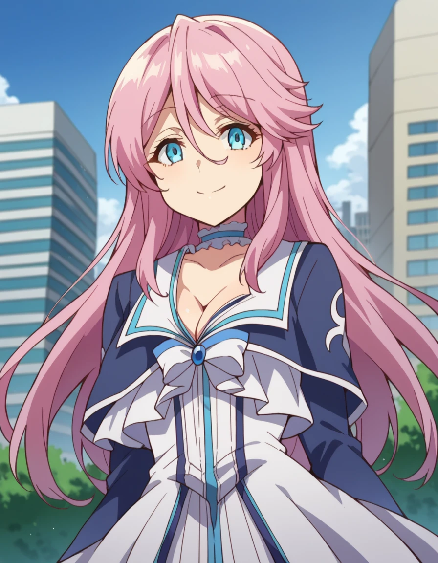 score_9, score_8_up, score_7_up, source_anime,
flarearlgrandejioral, <lora:flare-arlgrande-jioral-ponyxl-lora-nochekaiser:1>
flare arlgrande jioral, long hair, pink hair, hair between eyes,
blue eyes, dress, cleavage, choker, white dress, skirt, long sleeves,
outdoors, cityscape, smile,
looking at viewer, dutch angle, cowboy shot,