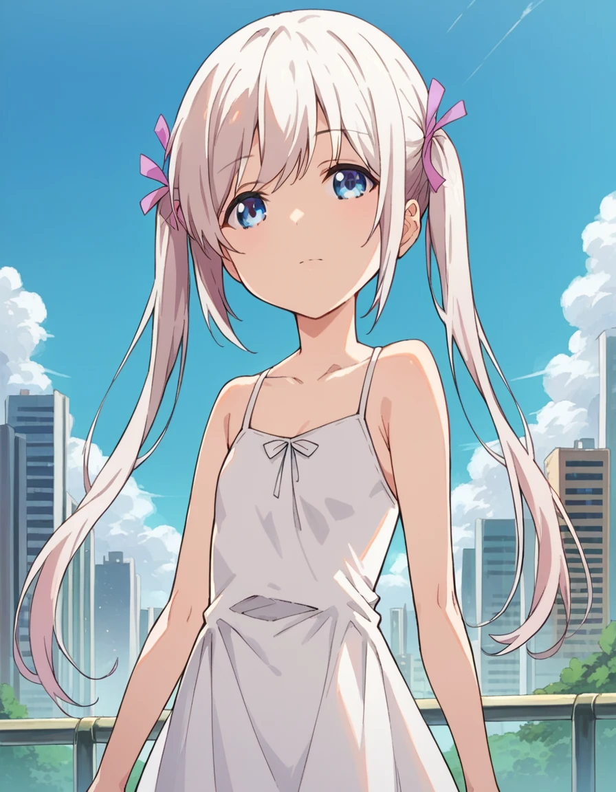 score_9, score_8_up, score_7_up, source_anime,
komakosemenovich, <lora:komako-semenovich-ponyxl-lora-nochekaiser:1>
komako semenovich, blue eyes, ribbon, twintails, hair ribbon, white hair,
dress, white dress,
outdoors, cityscape,
looking at viewer, dutch angle, cowboy shot,