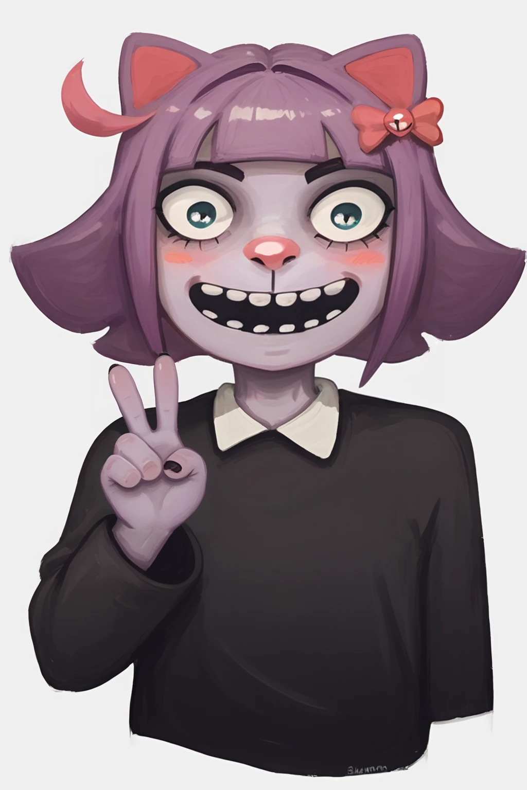 score_9, score_8_up, score_7_up, score_6_up, sfw, 1girl, solo,  <lora:lozhkin_pony:0.8> lozhkin, open mouth, big smile, accurate teeth with gaps, smile, V, blush,
masunya, masyunya (vkontakte), masyunya /(vkontakte/), cat ears, purple skin color, hair bow, (purple hair color:1.1), <lora:masunya-masyunya_ponyXL_v1:0.8>