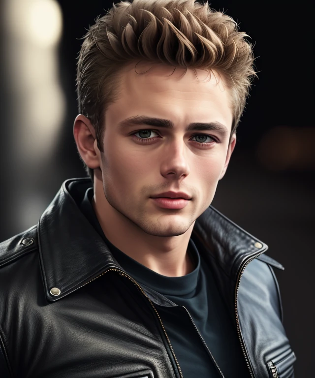 j2ms3d5 , Ultra-HD, realistic, ((3/4 photo)), Black background, Leather jacket