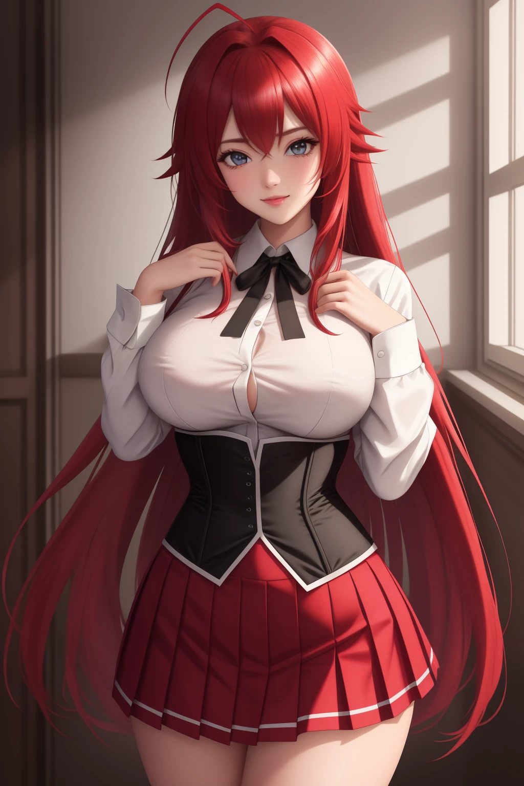 ((best quality)), absurdres, ((ultra high res)), perfect face, beautiful face, rias gremory, red pleated skirt, button-down shirt with vertical linings, a black ribbon on the collar, button-down corset, red hair, very long hair, perfect female body, looking at viewer, fancy lights, fancy lighting, perfect skin, clean skin, soft skin, 8k, masterpiece <lora:rias:0.7>