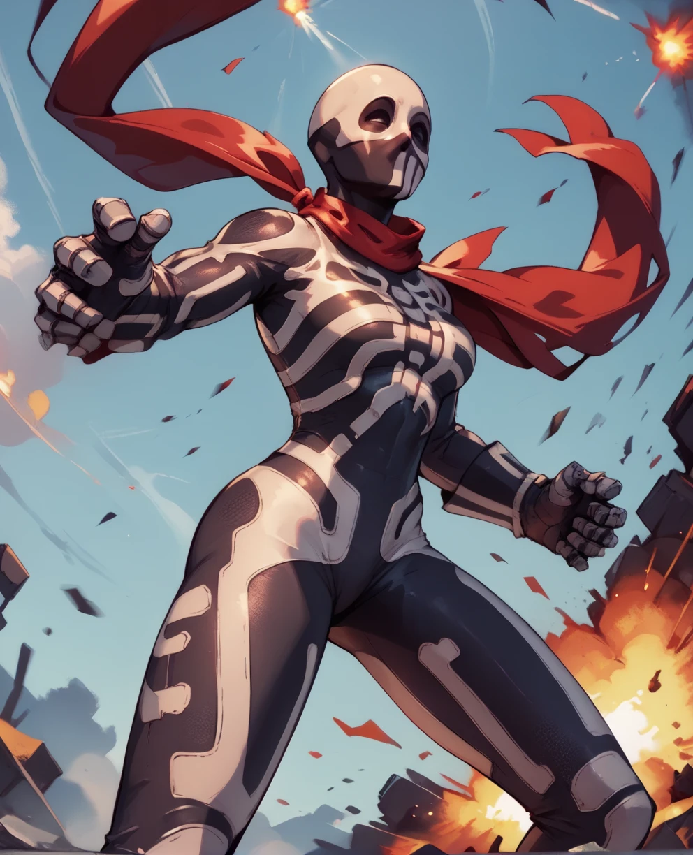 score_9,score_8_up,score_7_up,
skullomaniaxl,skeleton print bodysuit,skin tight,long red scarf,mask,gloves,
standing,
standing,explosion,<lora:Skullomania:1>,