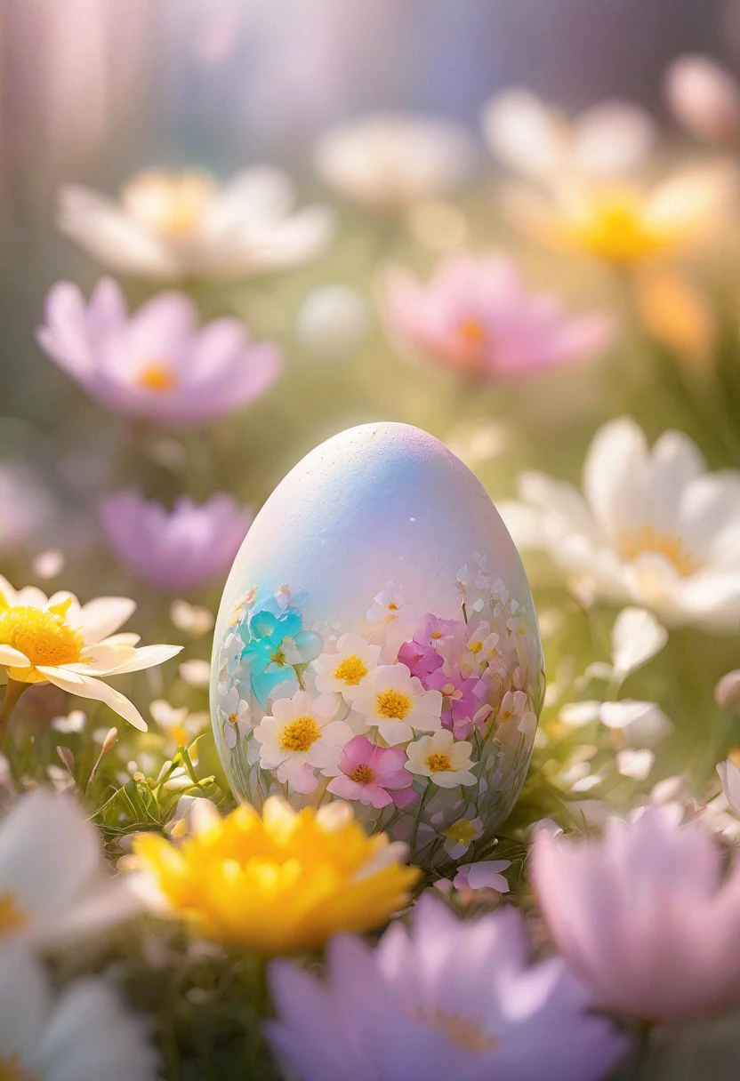 Easter egg embodying the concept of rebirth, cracked surface revealing emerging, pastel colors dominate the scene, backlight casting a heavenly glow, nestled in a bed of vibrant spring flowers, soft-focus background, bokeh effect, natural light, ultra-fine details, digital painting.