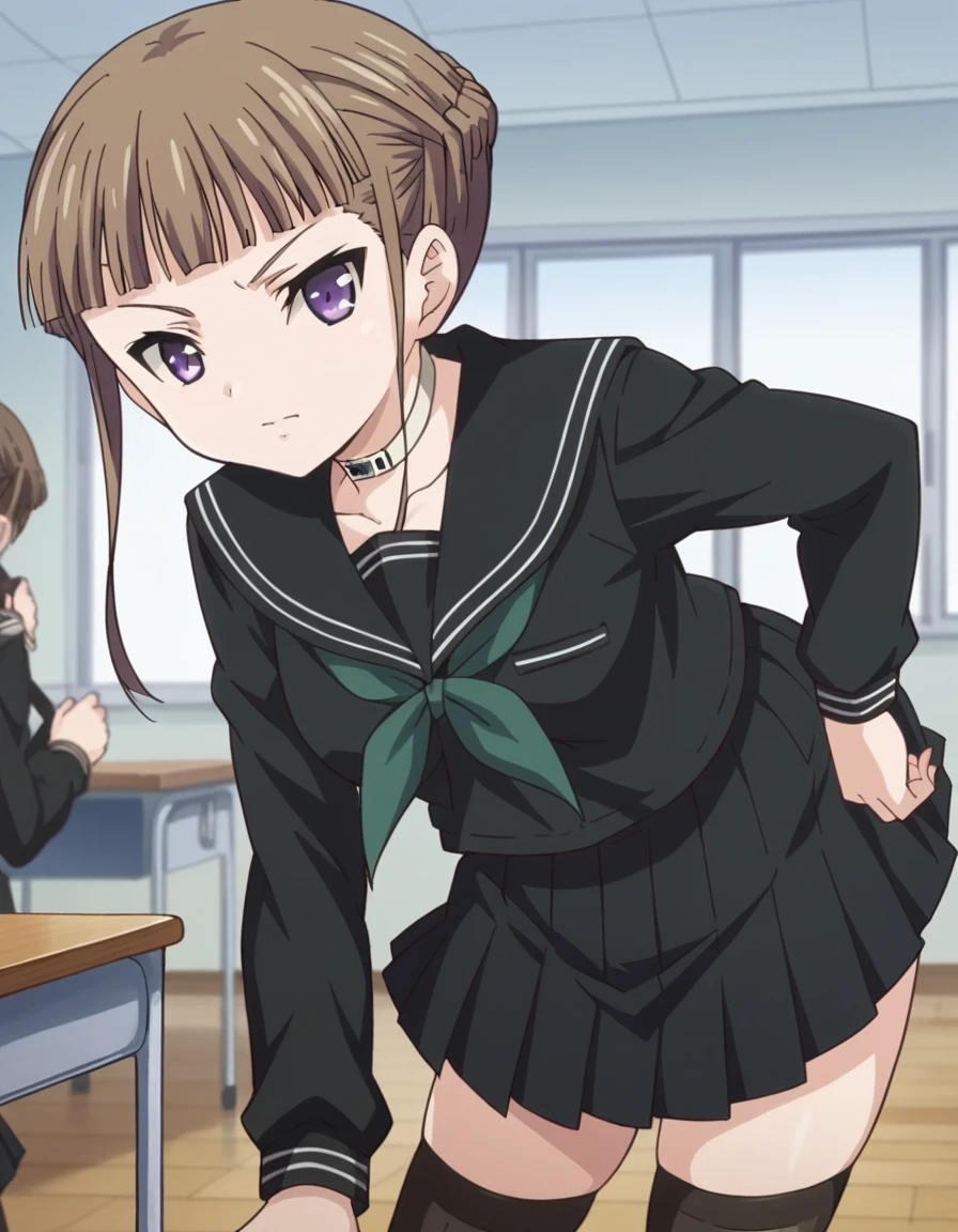 score_9, score_8_up, score_7_up, source_anime,
nemumanaka, <lora:nemu-manaka-ponyxl-lora-nochekaiser:1>
nemu manaka, brown hair, sidelocks, purple eyes,
skirt, thighhighs, long sleeves, school uniform, serafuku, choker, black thighhighs, black skirt, collar, zettai ryouiki, black serafuku,
indoors, classroom, bent over,
looking at viewer, dutch angle, cowboy shot,