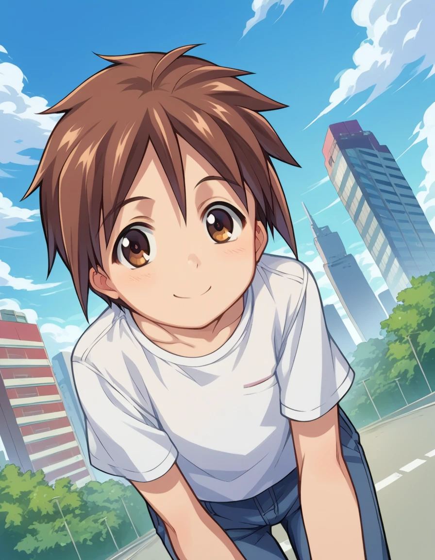 score_9, score_8_up, score_7_up, source_anime,
bokunochico, <lora:boku-no-chico-ponyxl-lora-nochekaiser:1>
chico, short hair, brown hair, brown eyes, smile,
shirt, white shirt, pants,
outdoors, cityscape, bent over,
looking at viewer, dutch angle, cowboy shot,