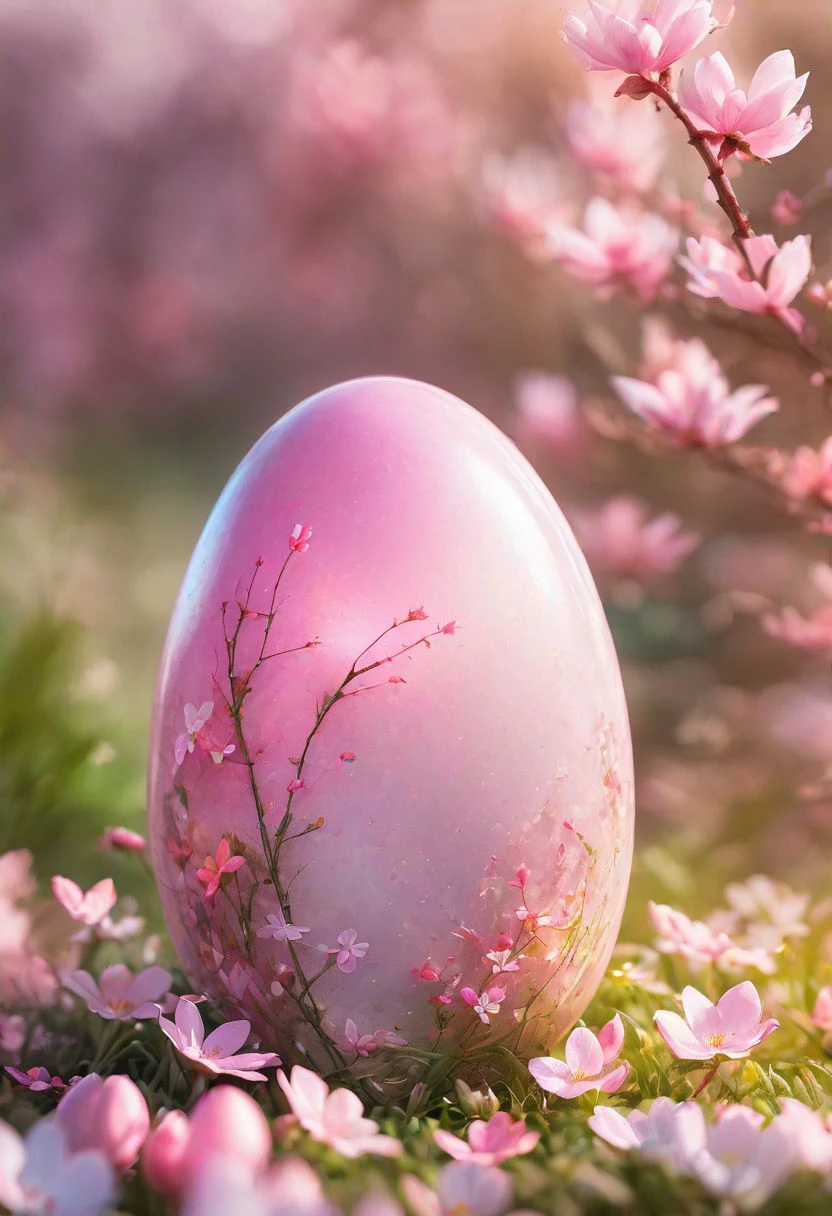 pink Easter egg embodying the concept of rebirth, cracked surface revealing emerging, pastel colors dominate the scene, backlight casting a heavenly glow, nestled in a bed of vibrant spring flowers, soft-focus background, bokeh effect, natural light, ultra-fine details, digital painting.