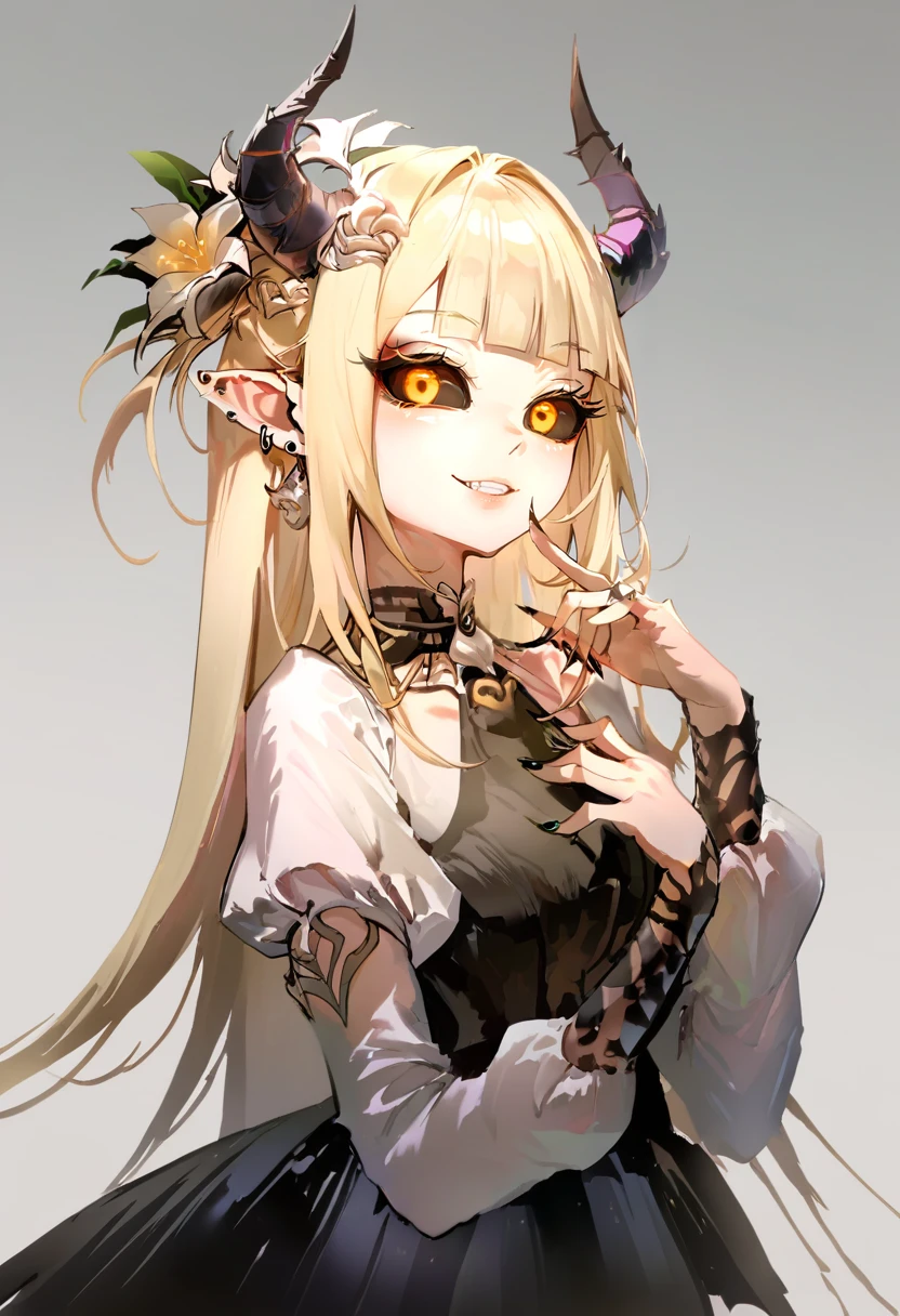 score_9, score_8_up, score_7_up, score_6_up, <lora:anmiXL_P6_lokr_V2233:0.95> 1girl, horns, yellow eyes, solo, long hair, flower, black sclera, bangs, colored sclera, hair ornament, looking at viewer, black nails, blonde hair, smile, hair flower, demon horns, spider lily, blunt bangs, upper body, nail polish, pointy ears, jewelry, dress, piercing, ear piercing, puffy sleeves, long sleeves, earrings, skull