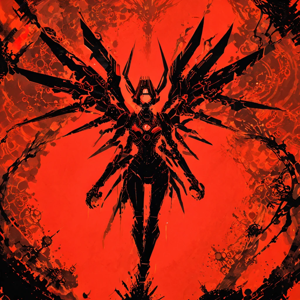 UltraAlbum, a ((black silhouette)) of a winged figure on ((red background)), centered, symmetrical, mecha, robot, 1girl