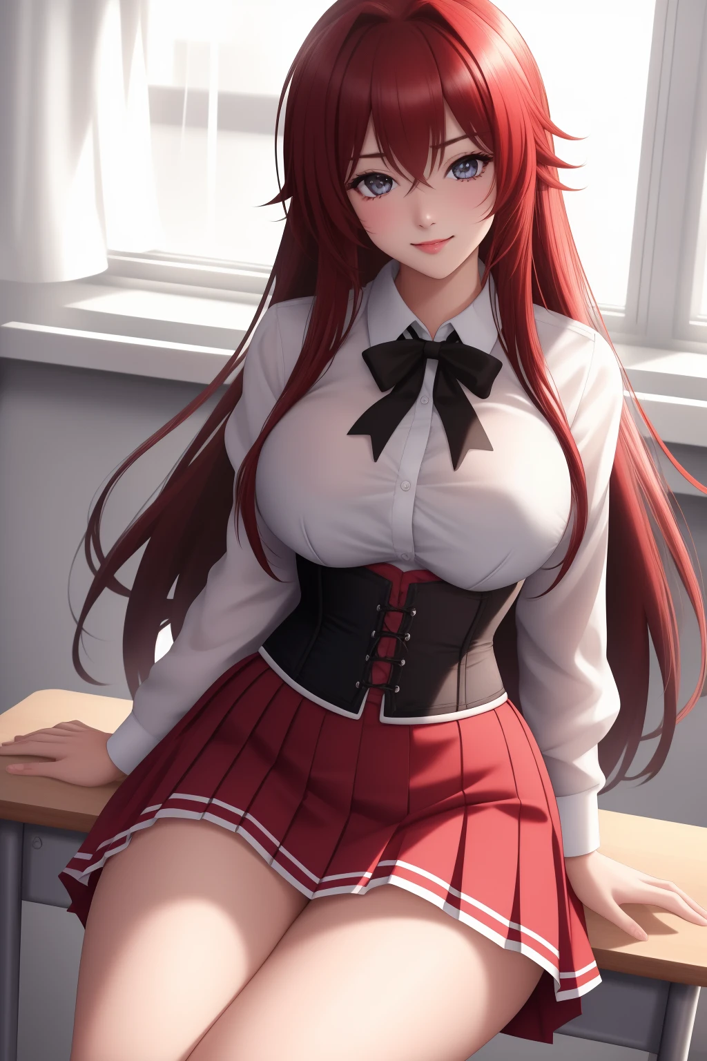 ((best quality)), absurdres, ((ultra high res)), perfect face, beautiful face, rias gremory, red pleated skirt, white shirt, black ribbon, corset, school uniform, classroom, seductively sitting, perfect female body, looking at viewer, fancy lights, fancy lighting, perfect skin, clean skin, soft skin, 8k, masterpiece,  <lora:rias:0.75>