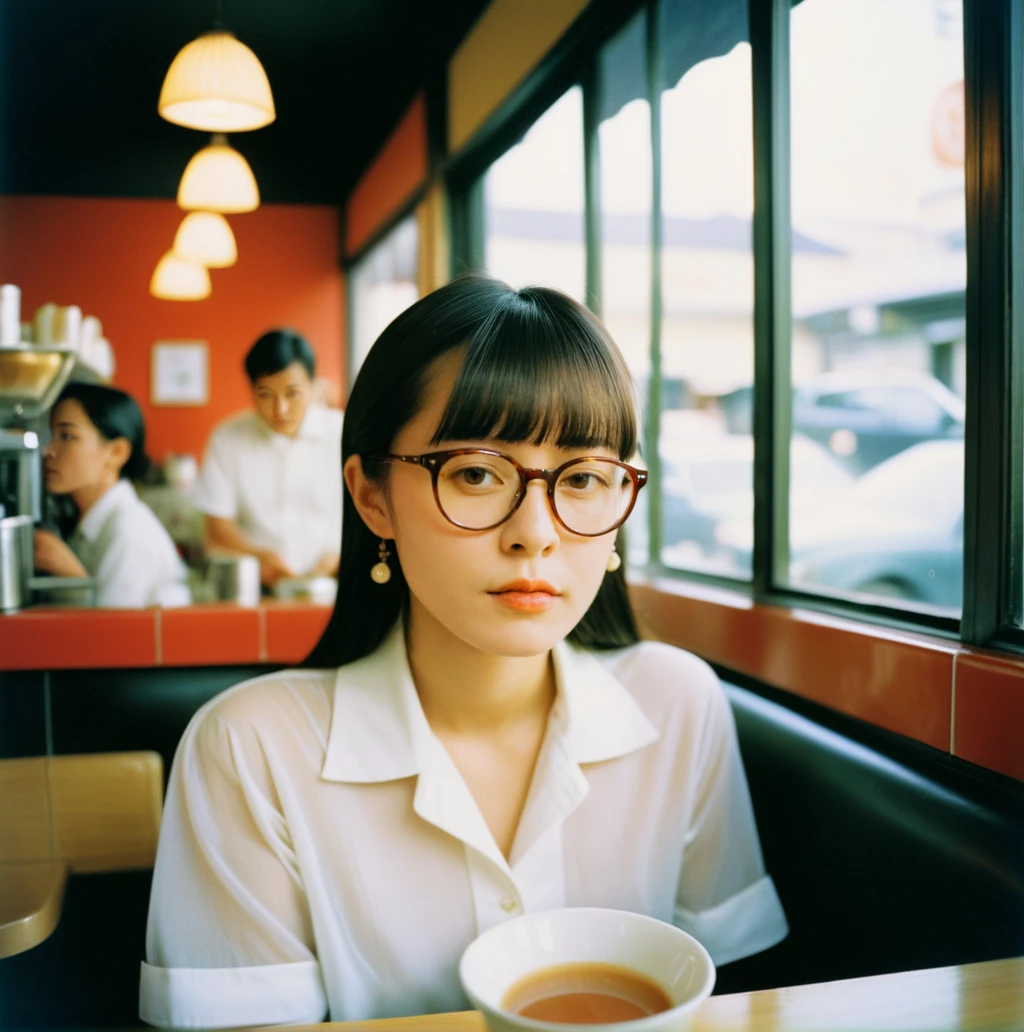masterpiece of analog film photograph a girl in the cafe,<lora:benben:0.85>,Hime cut, taken by Hideaki Hamada using Pentax 67II and Kodak Portra, makeup, glasses