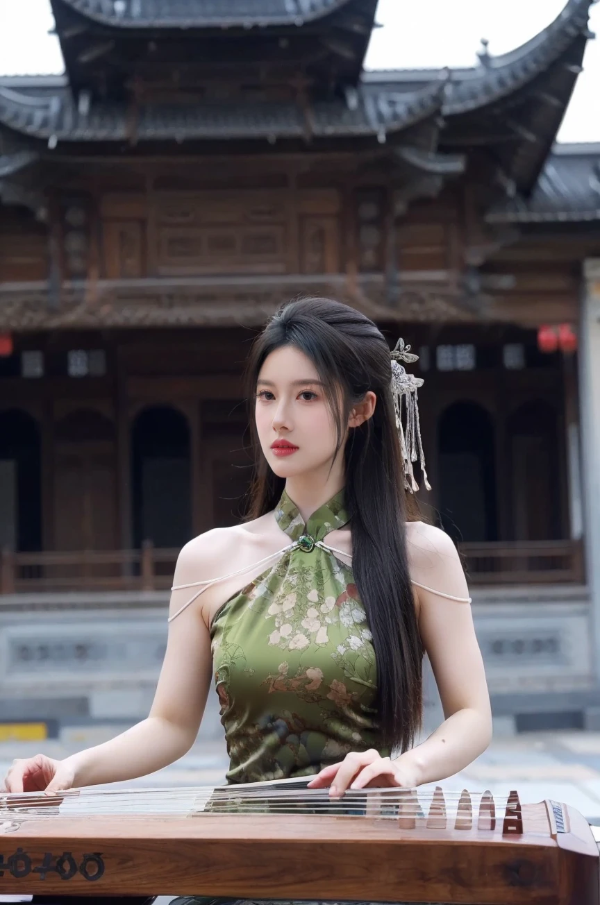 Naisi0520,1girl,black hair,dress,instrument,hair ornament,solo,green dress,long hair,chinese clothes,upper body,architecture,realistic,playing instrument,blurry,east asian architecture,expressionless,building,<lora:å°å©ð°:0.8>,, (masterpiece:1.323),(best quality:1.241),(available light:1.1),(realistic:1.2),(intricate details:1.2),(colorful:1.32),(ultra high res:1.2),(Hyperrealistic:1.2),(highly detailed:1.1),8K,light effect,
