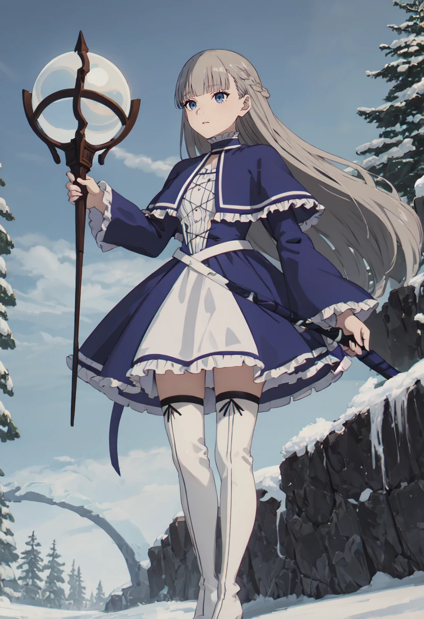 best quality, masterpiece, highres, solo, (lawine_sousounofrieren:1.10), 1girl, holding staff, long sleeves, blue capelet, blue dress, frilled capelet, standing, outdoors, closed mouth, white thighhighs, cross-laced footwear, cloudy sky, very long hair, full body, thigh boots, tree, anime_style, 3 <lora:lawine_sousounofrieren:0.80>