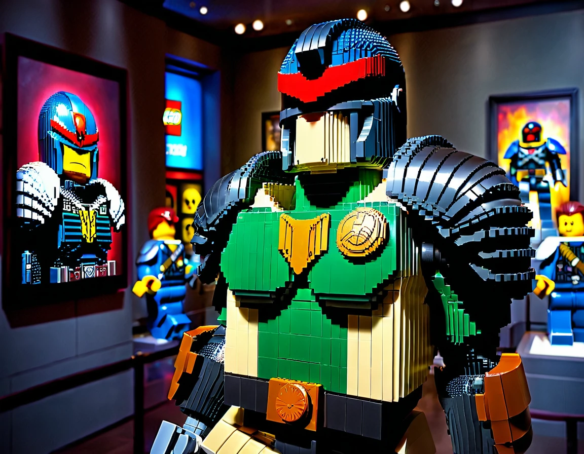 LegoRay, full size lego statue of Judge Dredd, background in a museum