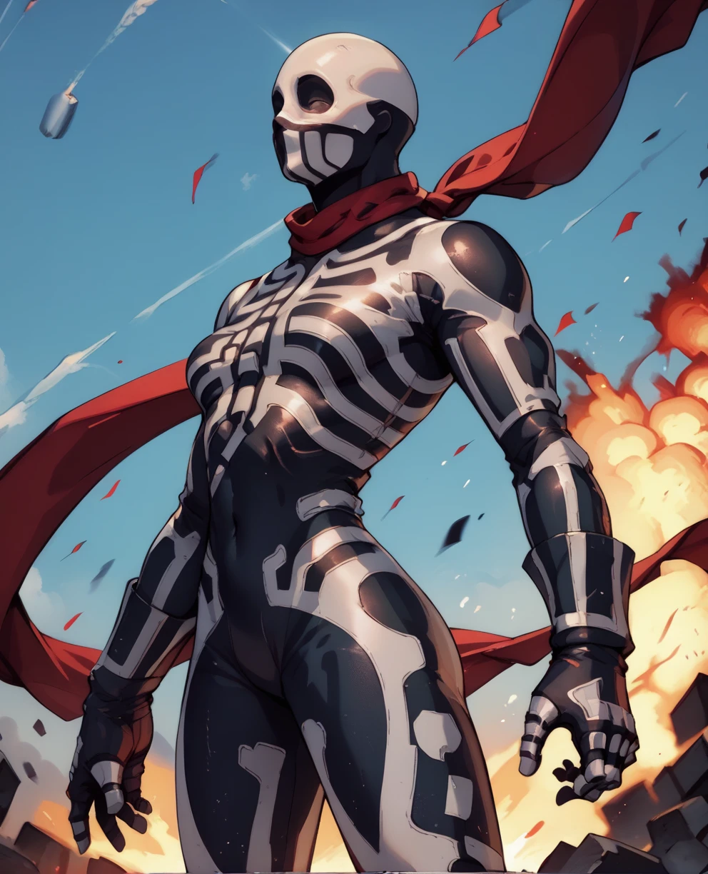 score_9,score_8_up,score_7_up,
skullomaniaxl,skeleton print bodysuit,skin tight,long red scarf,mask,gloves,
standing,
standing,explosion,<lora:Skullomania:1>,