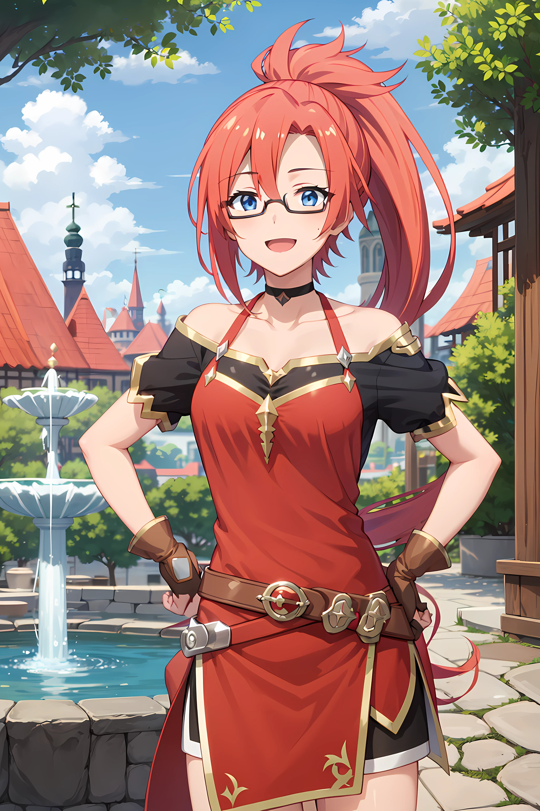 best quality, masterpiece, detailed,
<lora:PrincessConnect_Labyrista:0.8>, Labyrista,
1girl, open mouth, smile,
red hair, very long hair, ponytail, blue eyes, glasses,
LabyristaCasual, red dress, black shirt, collarbone, choker, short sleeves, belt, gloves, 
standing, hand on own hip, looking at viewer,
outdoors, fantasy, building, fountain, tree